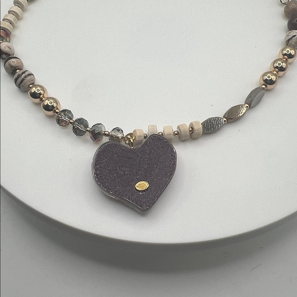 183. Purple Heart Charm Necklace with Gold and Cream Chain - Picture 5 of 5